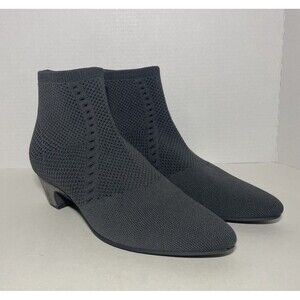 EILEEN FISHER Size 8.5 Gray Purl Stretch Knit Bootie Ankle Sock Suede Heel